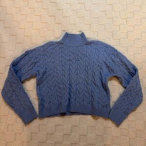 Pink Rose Light Blue Cable Knit Soft Cropped Women's Sweater, Size Medium